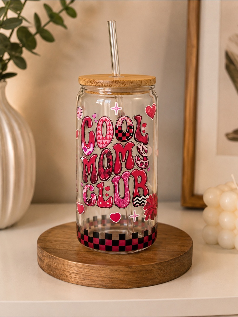 “Cool Moms Club” Glass Tumbler w/ wooden lid & Stainless straw & straw cleaner